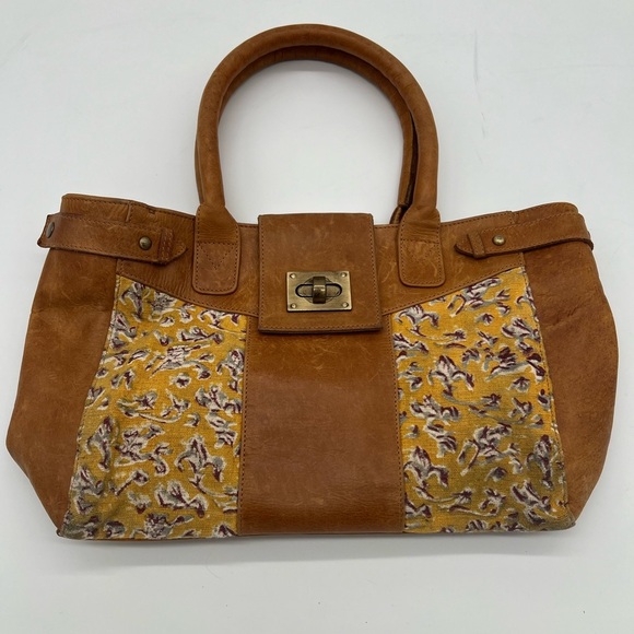 JOYN Canvas & Leather Satchel Tote Bag – Yellow Floral Print –Handmade Fair Trad - Picture 1 of 10